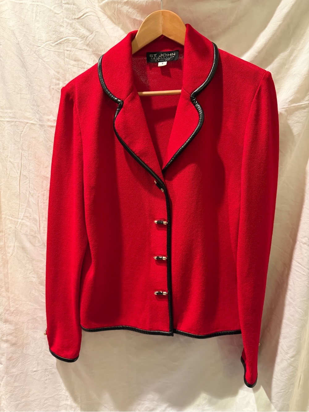 St. John Collection Red Knit Blazer with Black Leather Trim